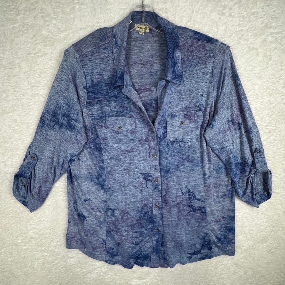 One World Button Down Shirt Womens 3XL Blue Boho Tie Dye Long Sleeve Plus Size
